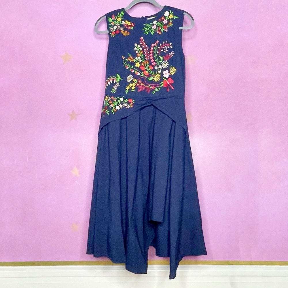 Wayward Fancies eShakti Blue Embroidered Floral Tiered Layered Midi Dress 8-M